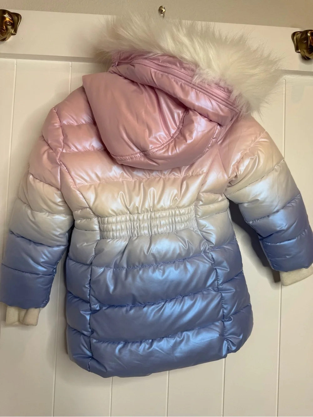 Girls' Ombre Faux-Fur Hooded Puffer Jacket - Pink, White, Blue
